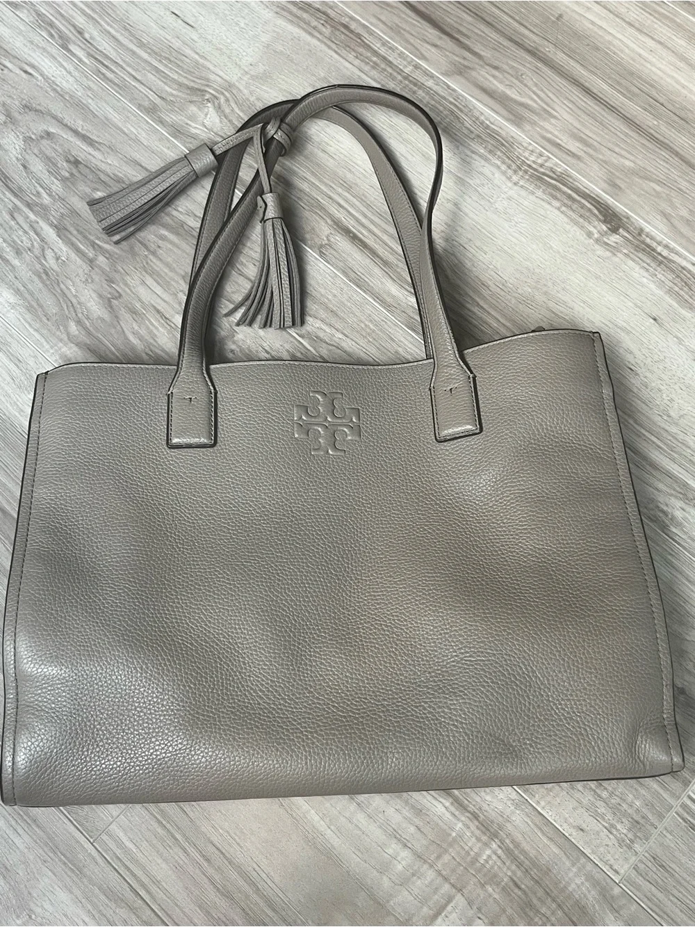 Tory Burch Pebbled Leather Tote in Gray with Tassel